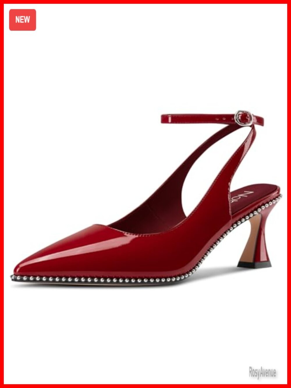 Kitten Heels Slingback Beaded Faux Leather Pointed Toe Ankle Strap Pumps